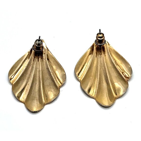 Vintage Gold Fan Earrings w/ Diamond Dust Inlay – Pierced – Made in USA - Picture 8 of 9